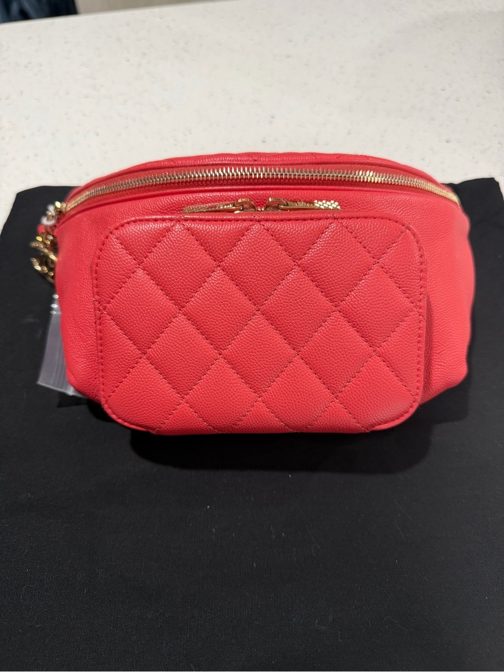 Quilted Coral Red Leather Belt Bag with Gold Hardware